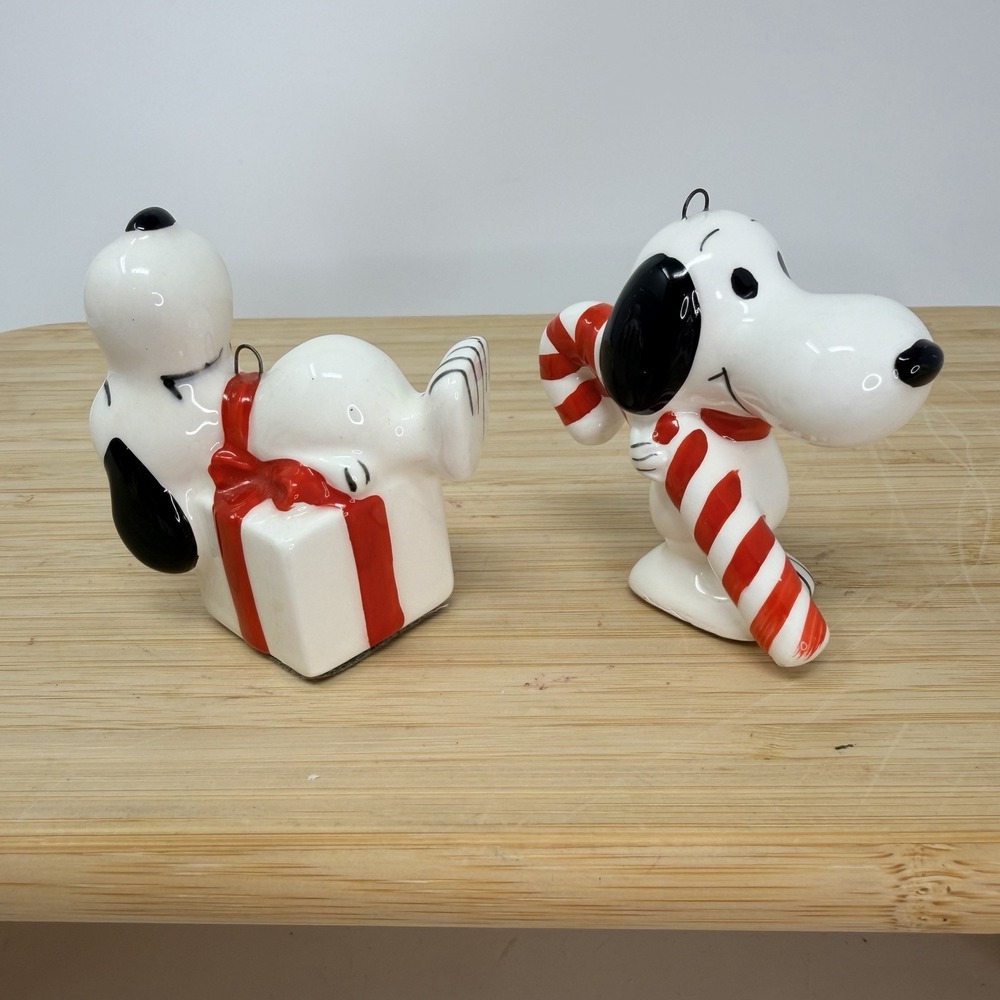 Vintage Snoopy Ceramic Christmas Ornaments Candy Cane Present Japan